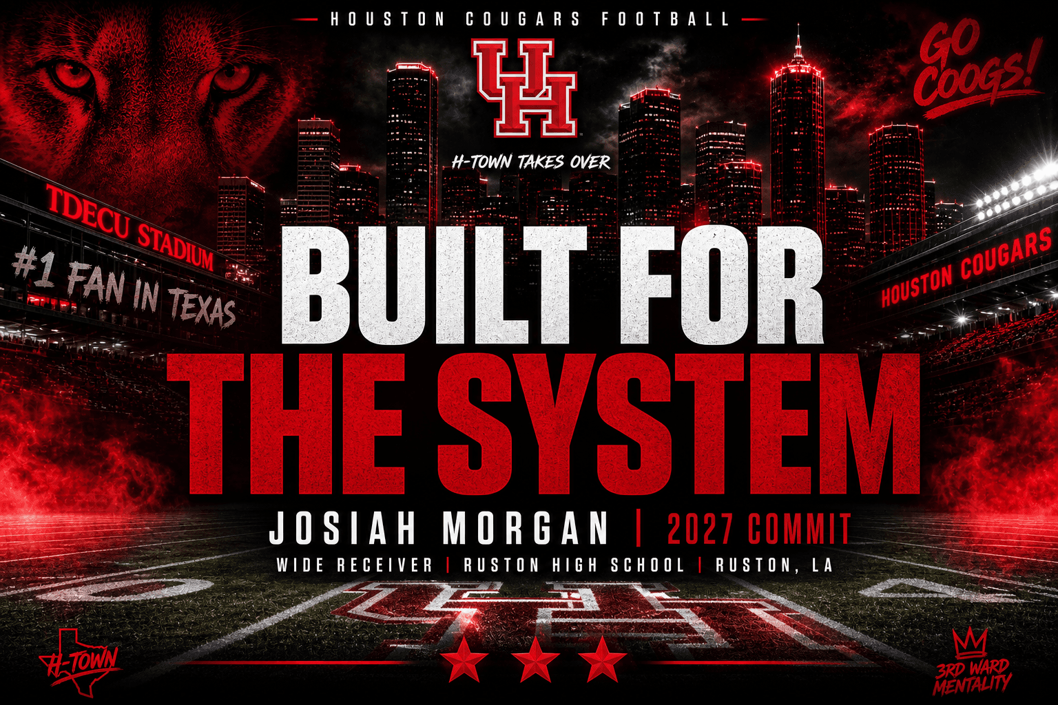 Announcing 3-star wide receiver Josiah Morgan’s 2027 commitment with red and black stadium design and skyline backdrop